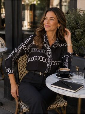 Women's Black Chain-Print Button Down Shirt - Sleek Office Blouse